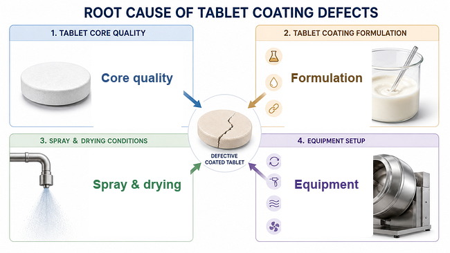 Four root-cause groups behind tablet coating defects