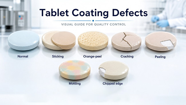 Common tablet coating defects including sticking cracking and uneven surfaces