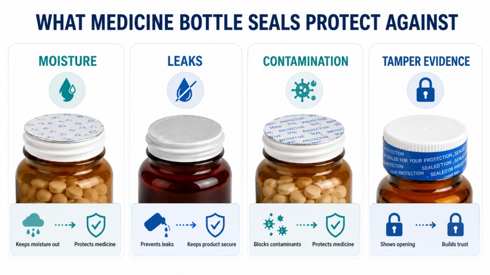 Infographic showing how medicine bottle seals protect against moisture, leaks, contamination, and tamper evidence