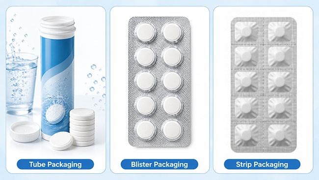 Tube blister and strip packaging options for effervescent tablets