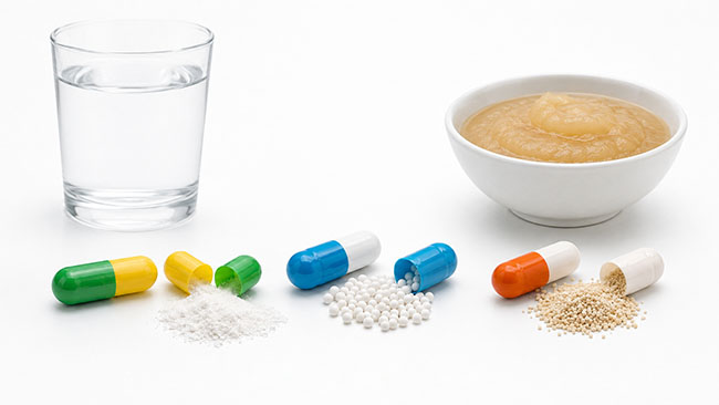 Capsule powder granules and pellets beside water and soft food