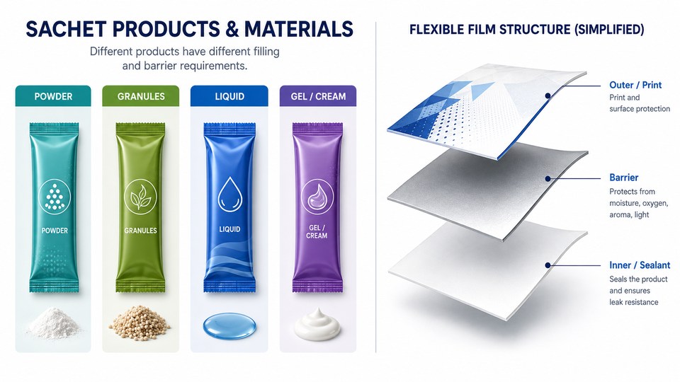 Sachet products and flexible packaging material layers for powders liquids and gels
