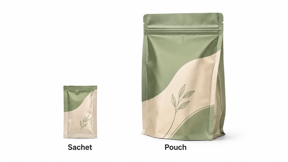 Sachet and premade pouch comparison showing size and package structure differences