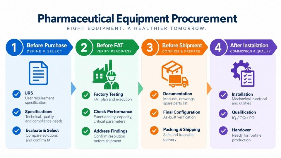 GMP equipment checklist covering purchase FAT shipment and installation stages