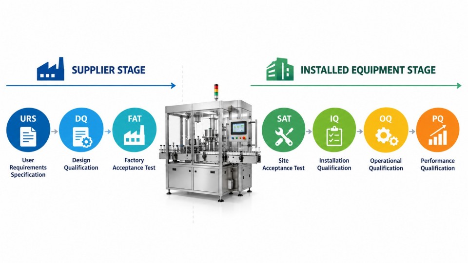 Pharmaceutical equipment qualification lifecycle from URS and DQ to FAT SAT IQ OQ and PQ