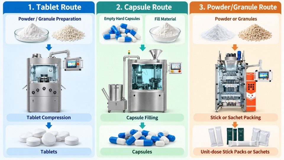 Three pharmaceutical production routes for tablet compression, capsule filling and stick or sachet packaging