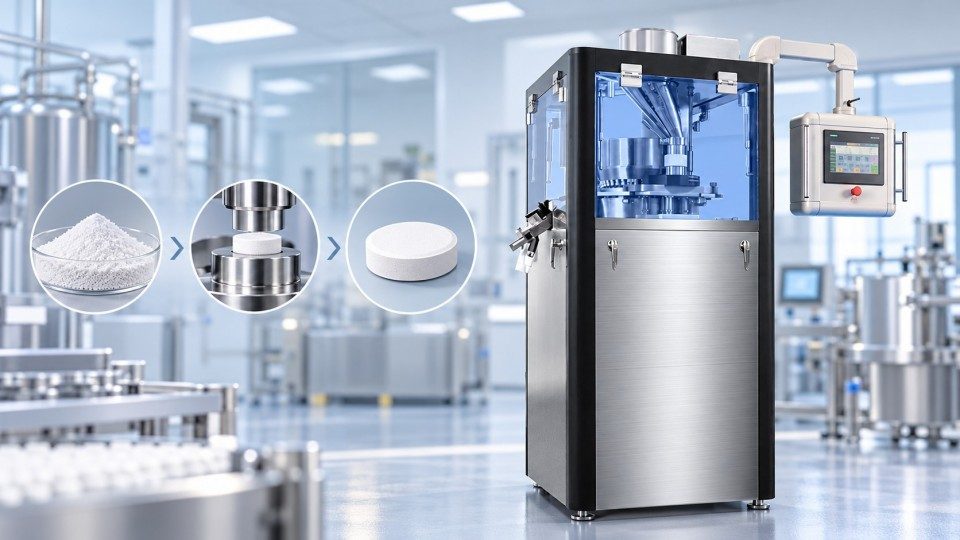 Rotary tablet press with powder compression tooling and finished pharmaceutical tablets