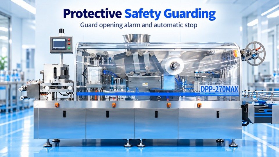 Transparent safety guarding on a Rich Packing DPP-270Max blister packaging machine