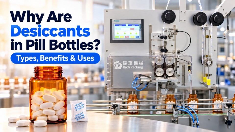 Pharmaceutical desiccant inserter on a bottling line with pill bottles and a silica gel sachet